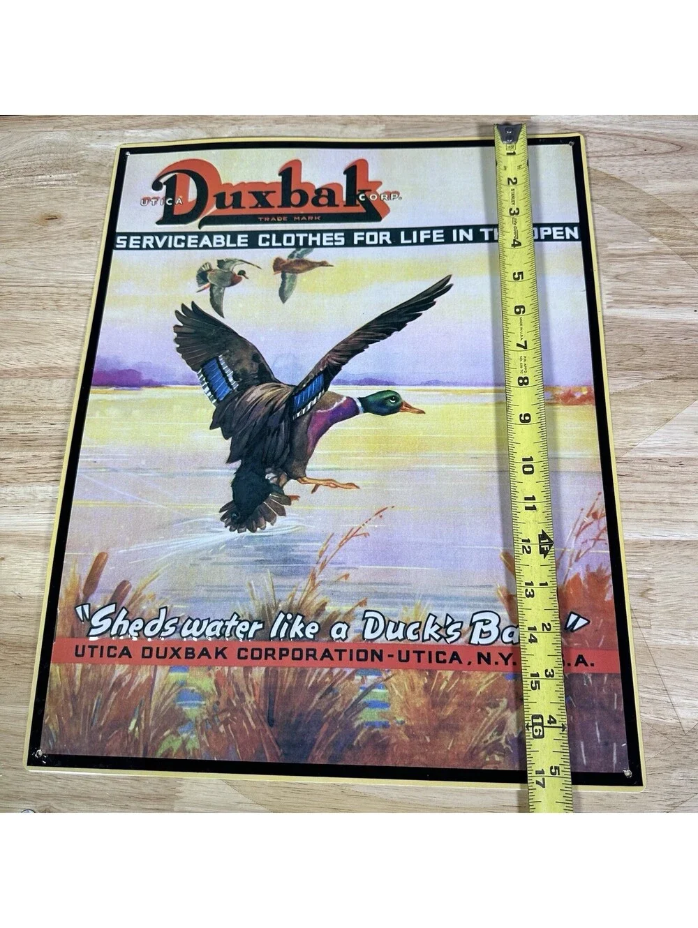 Vintage Duxbak Hunter Clothing Sign Metal Tin 17” x 13.75” Duck Hunting Decor